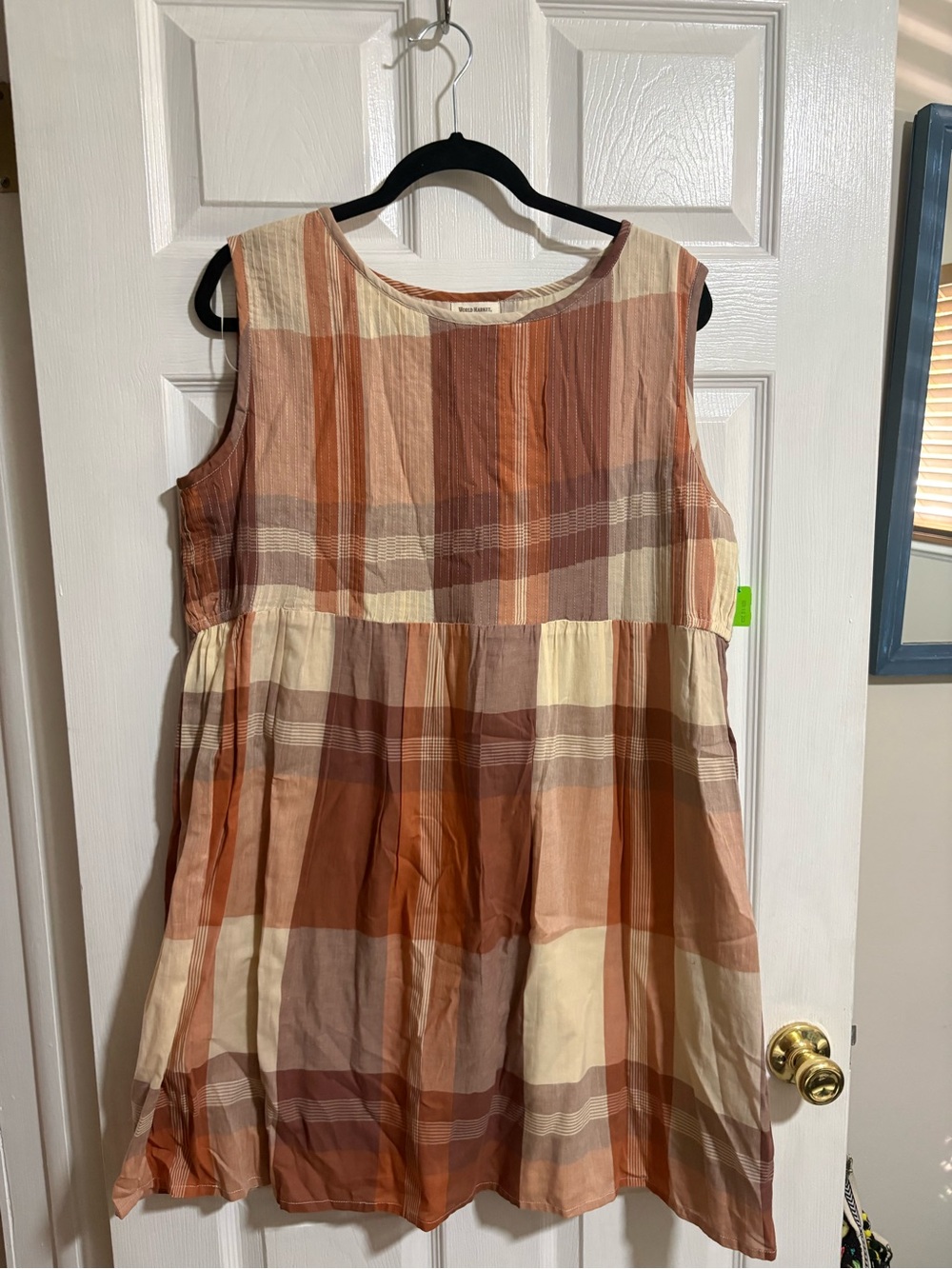 Cost Plus World Market Rust and Cream Plaid Sleeveless Babydoll Dress